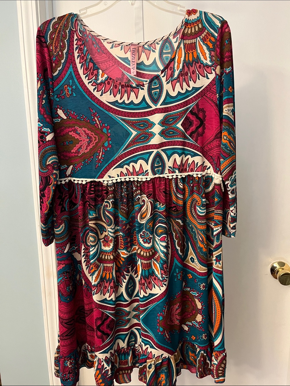 Boho Long Sleeve Paisley Midi Dress in Teal & Magenta